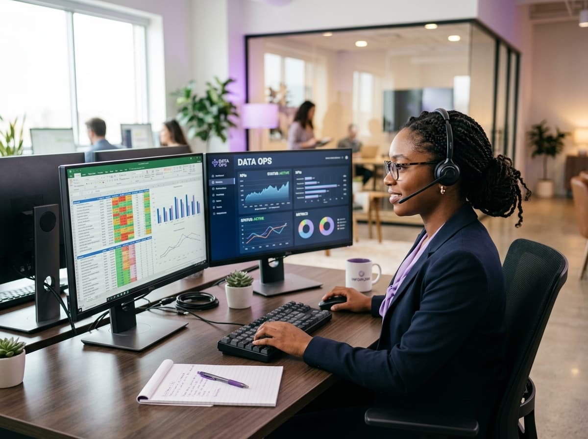 A dedicated Pimofy data operations specialist working at dual monitors
