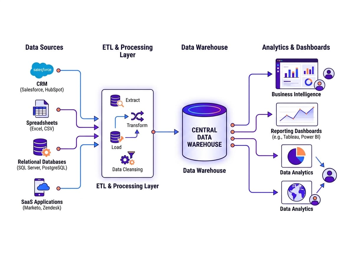 Data warehouse architecture: data sources flowing through processing into a central warehouse and analytics